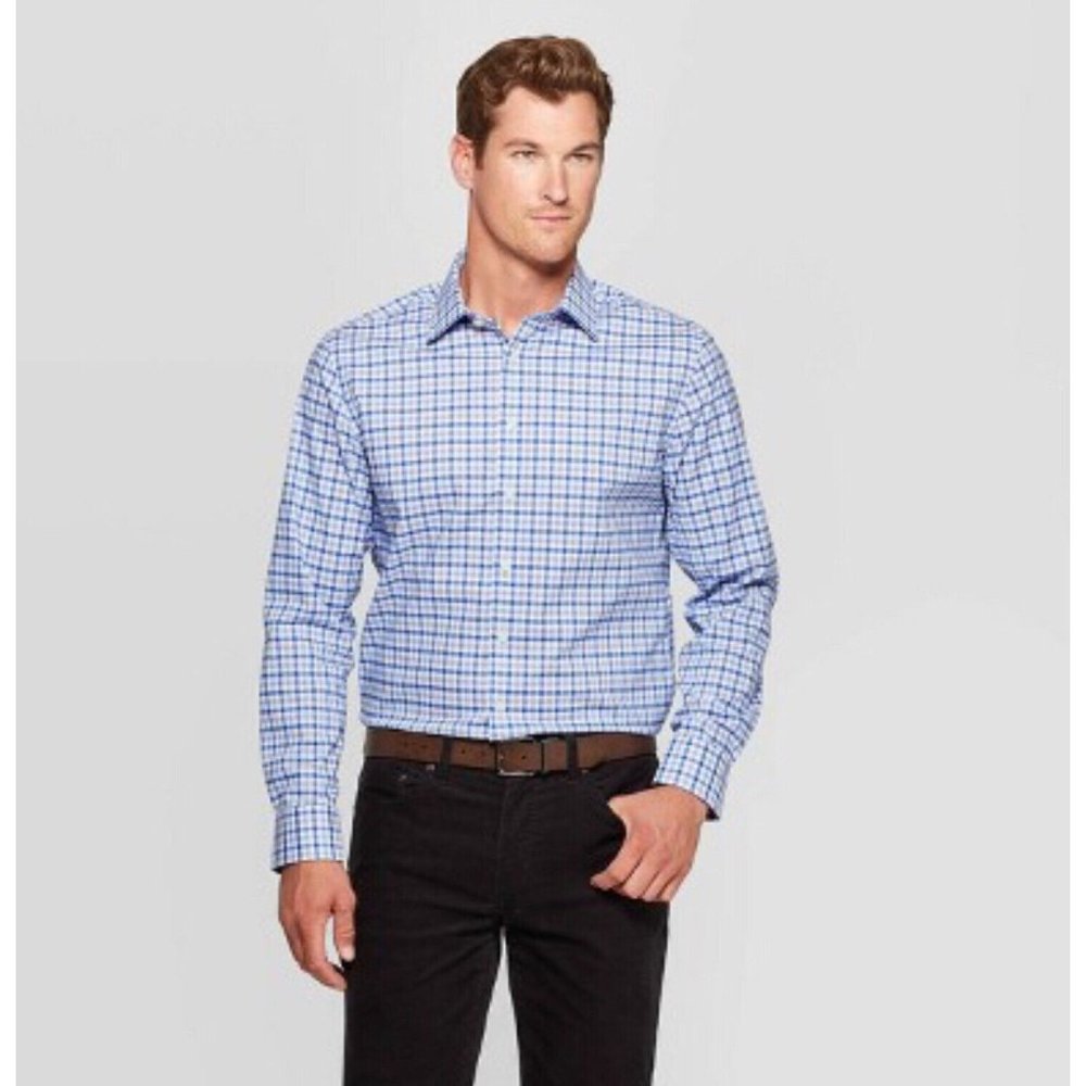 Goodfellow & Co Mens Slim Non-Iron Button Up Poplin Shirt Medium Blue Dot Plaid